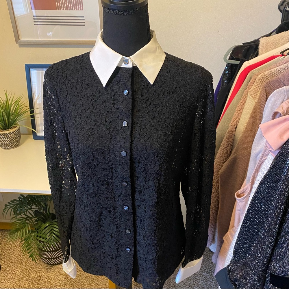 Ann Taylor Lace Black&White Button Down Shirt Size 4